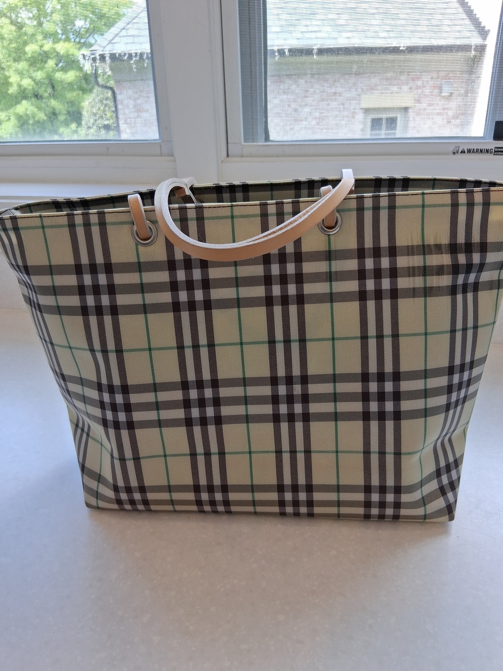Burberry Cream Plaid Tote with Green Stripe and Tan Handles - Picture 2 of 10
